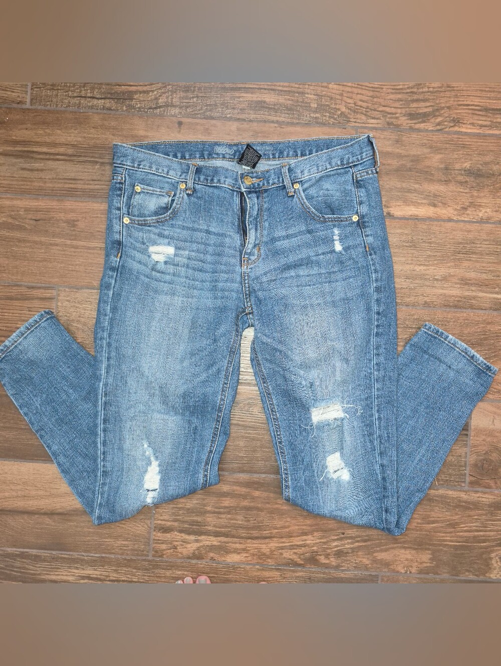 Mossimo Supply Co. Women's Blue Distressed Staight Leg Mid To Low Rise